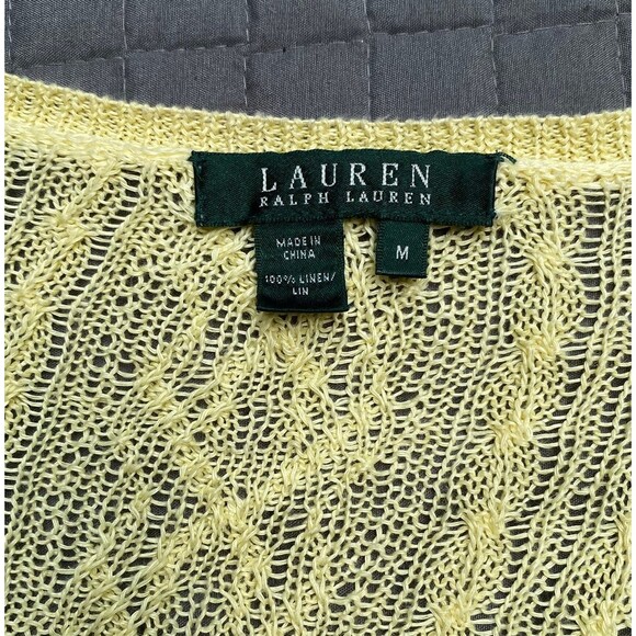 LRL Ralph Lauren citrus yellow linen sweater cable knit v-neck size Medium M - Picture 10 of 11